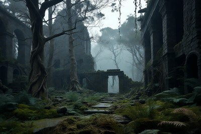 Ruined Archway in Foggy Jungle Ruins