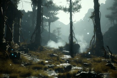 Mystical Ancient Ruins in Foggy Forest