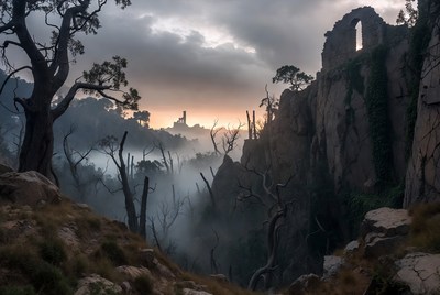 Ruined Arch in Misty Forest Cliff