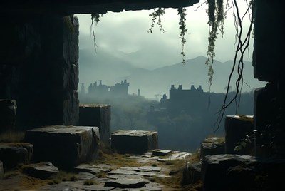 Ruined Castle Through Ancient Cave Entrance