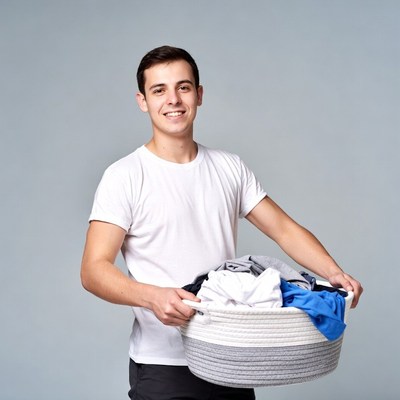 Young man holding laundry basket
