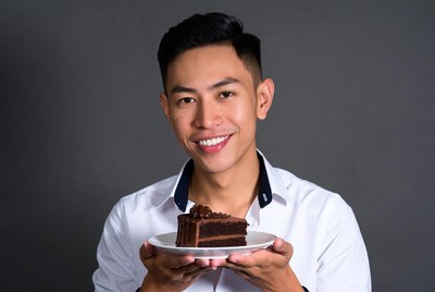 Asian man holding chocolate cake