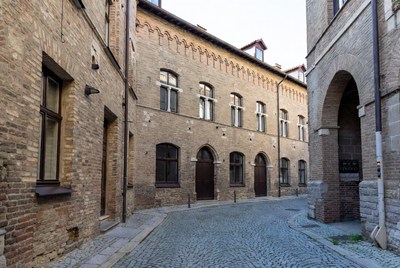 Historic Brick Buildings on Cobblestone Street