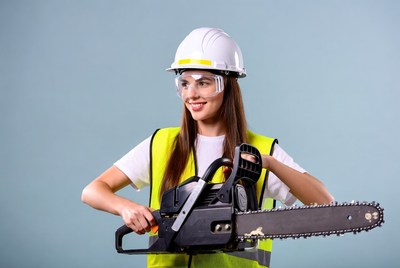 Woman holding chainsaw in safety gear