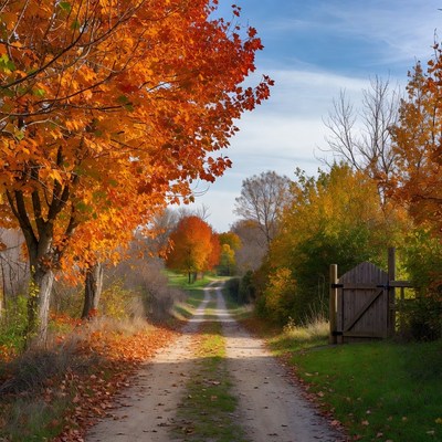 Autumn Path with Orange Trees and Gate