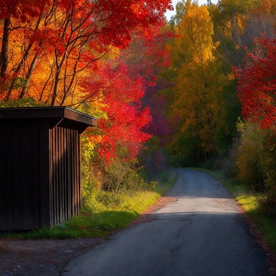 Wooden Cabin Amid Autumn Forest Road