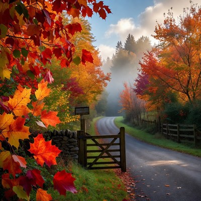 Autumn Gate on Foggy Forest Road