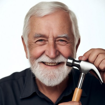 Elderly man holding hammer
