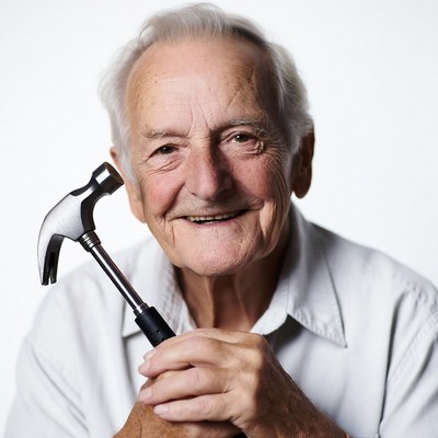 Elderly man holding hammer