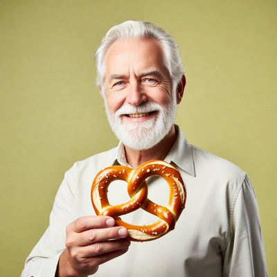 Elderly man holding pretzel