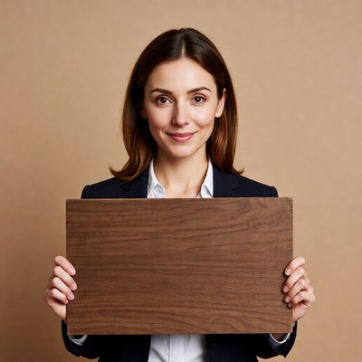 Woman holding blank wooden sign