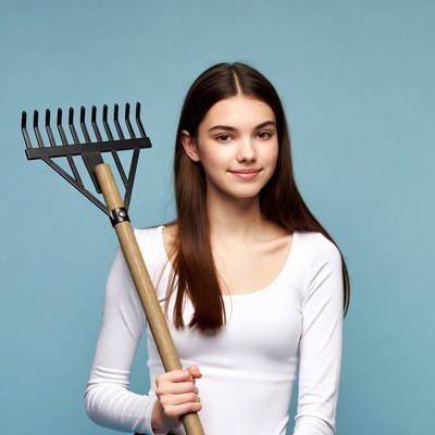 Young woman holding rake