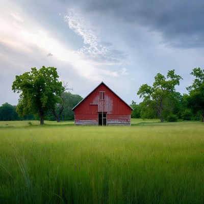 Red Barn in Green Field