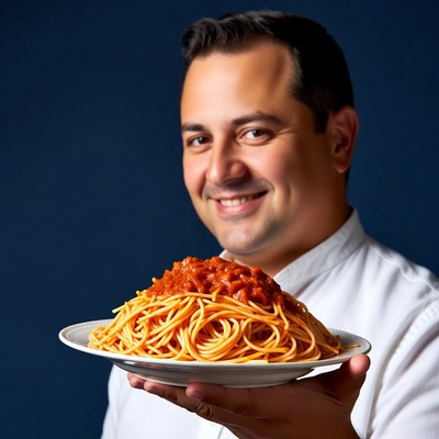 Chef holding spaghetti plate