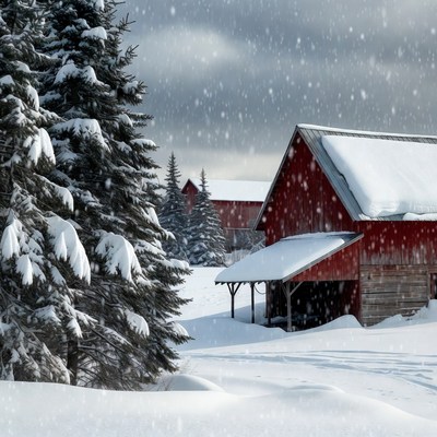 Red Barn Snowy Pine Trees
