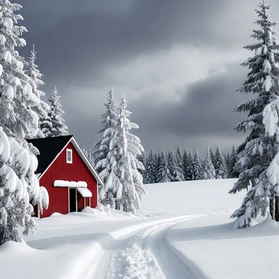 Red Barn Snowy Pine Forest