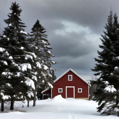 Red Barn Surrounded by Snowy Pine Trees