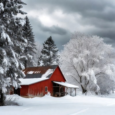 Red Barn in Snowy Forest