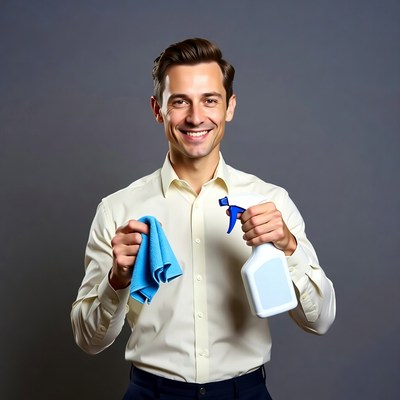 Man holding cleaning spray and cloth