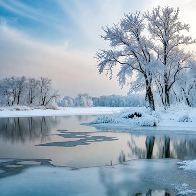 Snowy Trees by Frozen River
