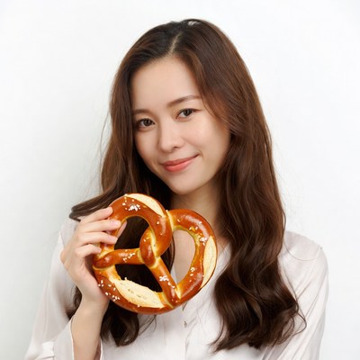 Asian woman holding pretzel