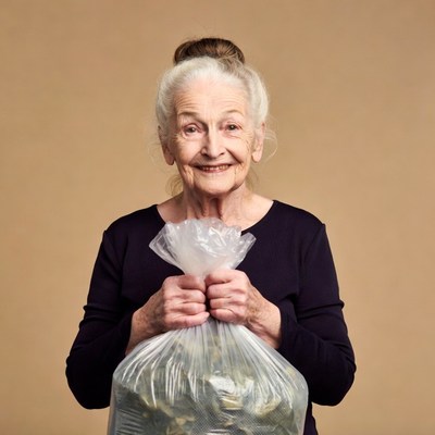 Elderly woman holding plastic bag