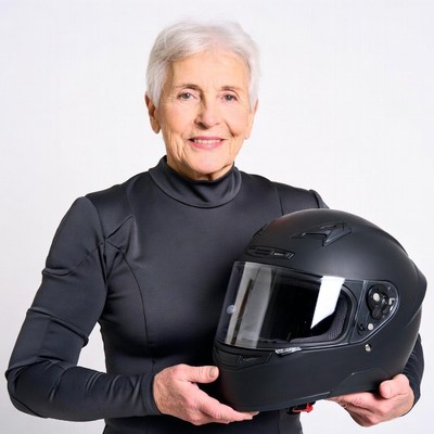 Elderly woman holding black motorcycle helmet