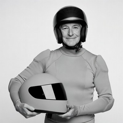 Elderly woman holding motorcycle helmet