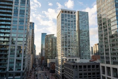 Modern Skyscrapers in Urban City Street