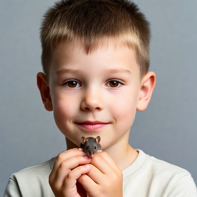 Boy holding small mouse