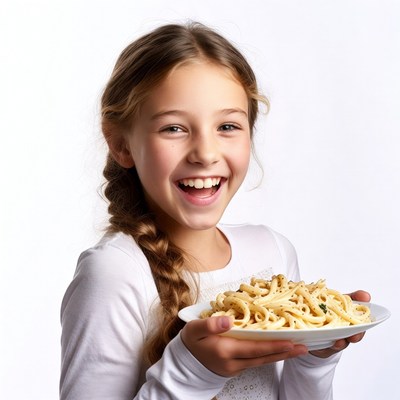 Girl holding plate of pasta