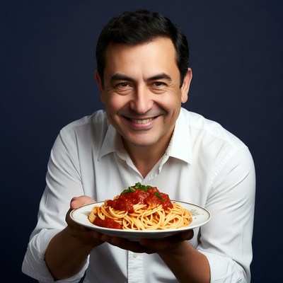 Man holding spaghetti with tomato sauce