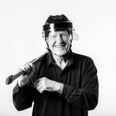 Elderly man in hockey helmet holding stick