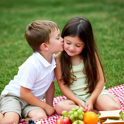 Boy kissing girl on picnic