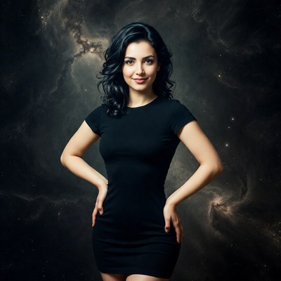 Woman in black dress with galaxy background