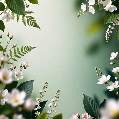 Green Ferns and White Flowers Border