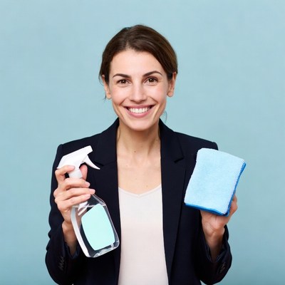 Woman holding spray bottle and cleaning cloth