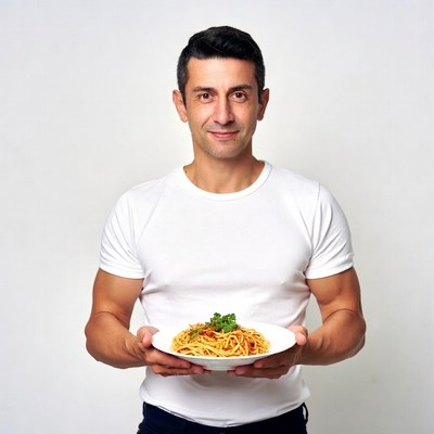 Man holding plate of spaghetti