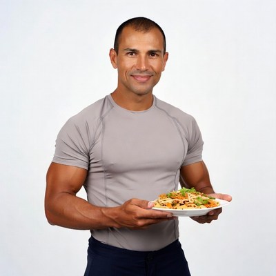 Muscular man holding veggie pasta