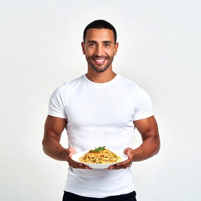 Muscular man holding spaghetti plate