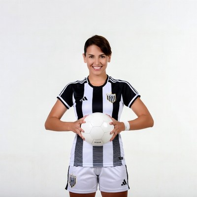 Woman holding soccer ball in striped jersey