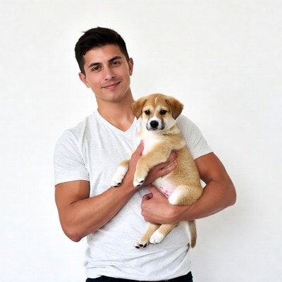 Man holding cute puppy