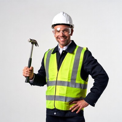 Smiling man in hi-vis vest holding hammer