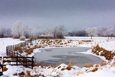 Frozen Pond with Snowy Fence