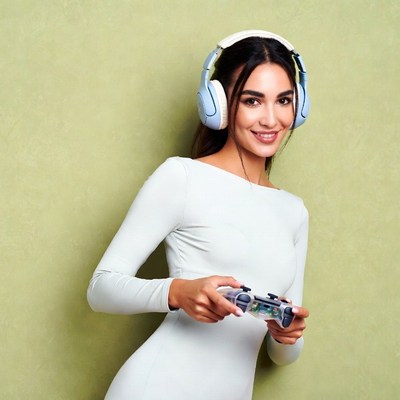 Woman gaming with headphones and controller
