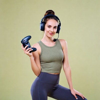 Woman gaming with headset and controller