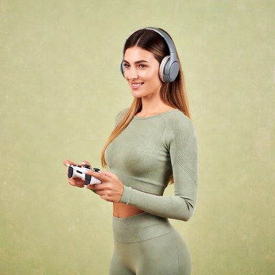 Woman gaming with headphones and controller