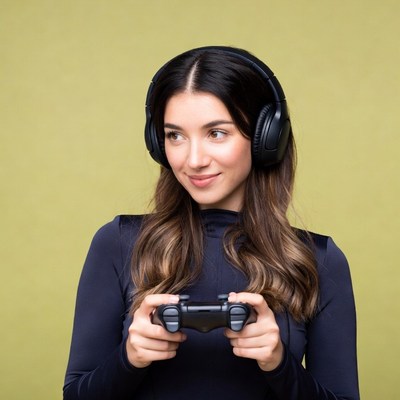 Woman gaming with headphones and controller