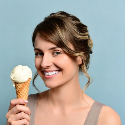 Woman holding vanilla ice cream cone