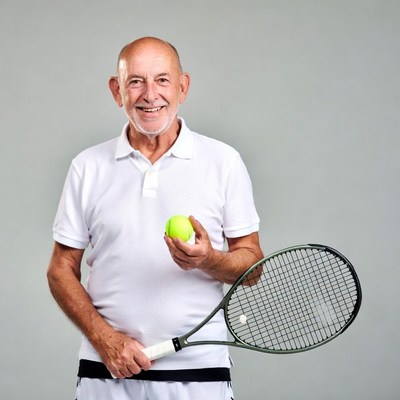 Senior man holding tennis racket and ball
